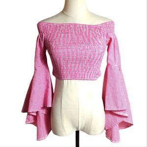 Three Days Pink Checked Bell Sleeves Crop Top
